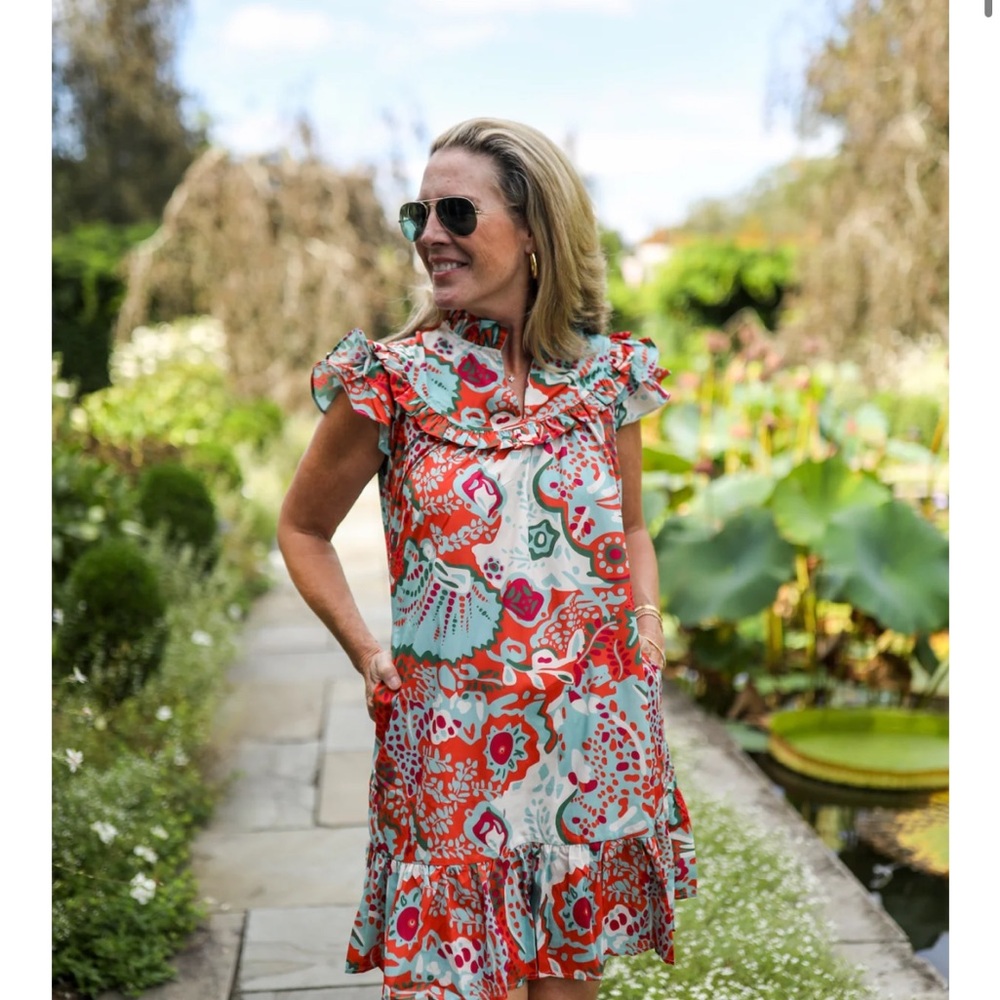 Floral Ruffle Mini Dress in Coral and Mint